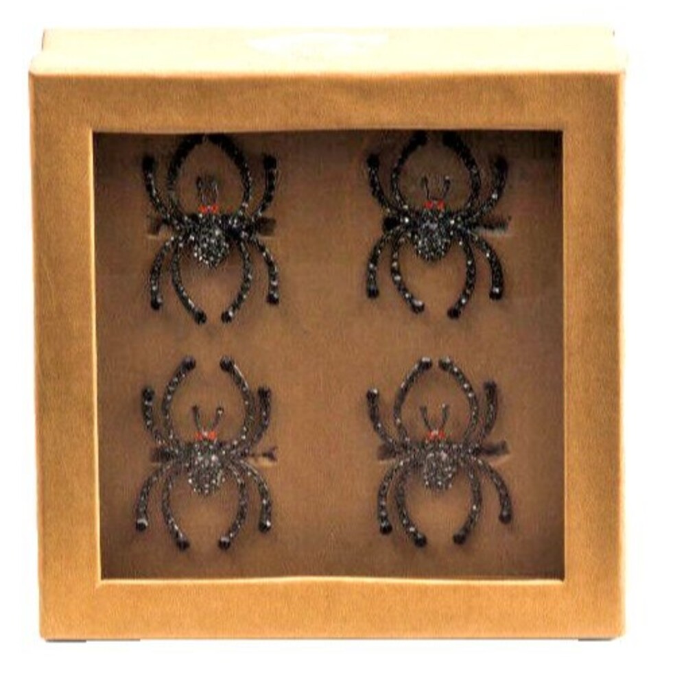 Tahari Halloween Spider Napkin Rings Holders Black Red Rhinestones Set Of 4